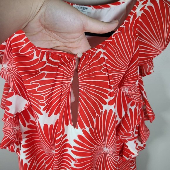 J Crew Dress Womens S Red Orange Floral Ruffle Flutter Sleeveless Keyhole Sun - Picture 7 of 12